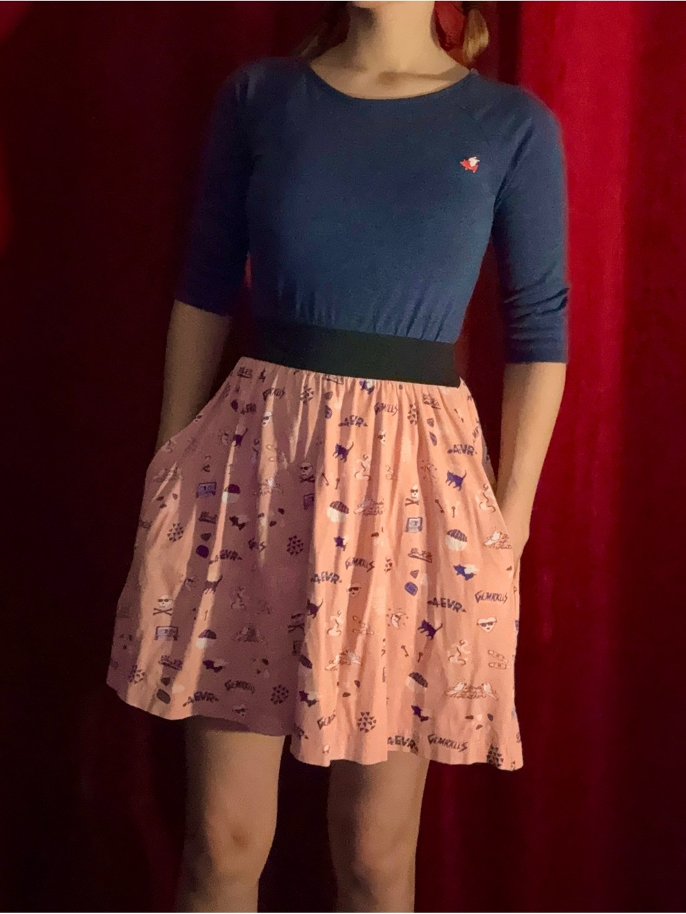 Glamour Kills Navy with Pink Printed Skirt and Black Waistband Dress